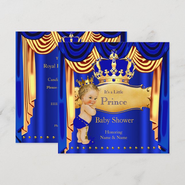 Invitation Royal Prince Baby shower Blue Gold Crown Blonde (Devant / Derrière)