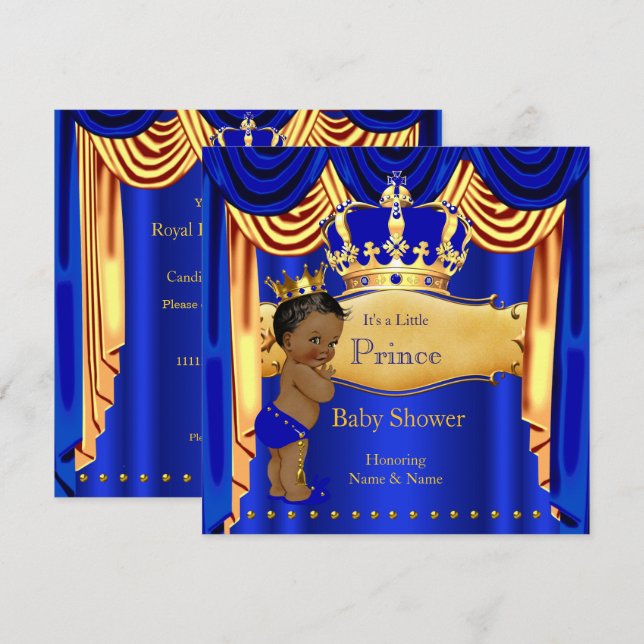 Invitation Royal Prince Baby shower Blue Gold Crown Ethnic (Devant / Derrière)