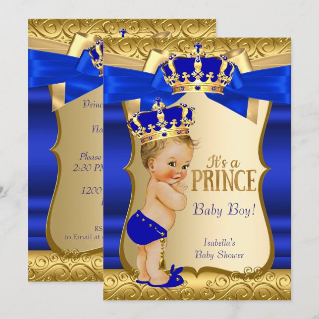 Invitation Royal Prince Baby shower Blue Gold Damask Blonde (Devant / Derrière)