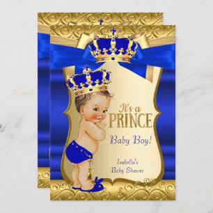 Invitation Royal Prince Baby shower Blue Gold Damask Brunette