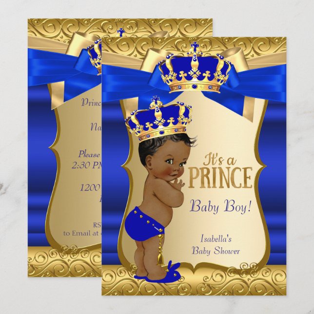 Invitation Royal Prince Baby shower Blue Gold Damask Ethnic (Devant / Derrière)