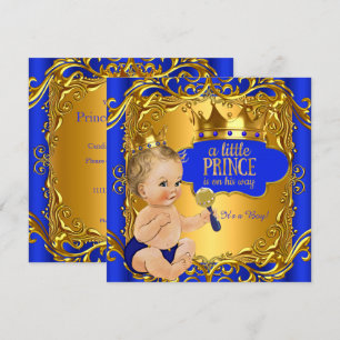 Invitation Royal Prince Baby shower Blue Gold Rattle Blonde