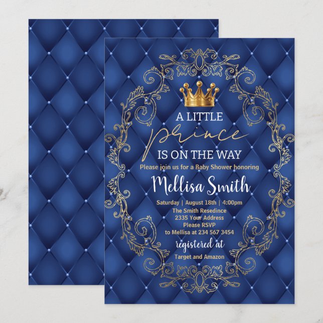 Invitation Royal Prince Baby Shower Blue Gold Rattle Ethnic (Devant / Derrière)