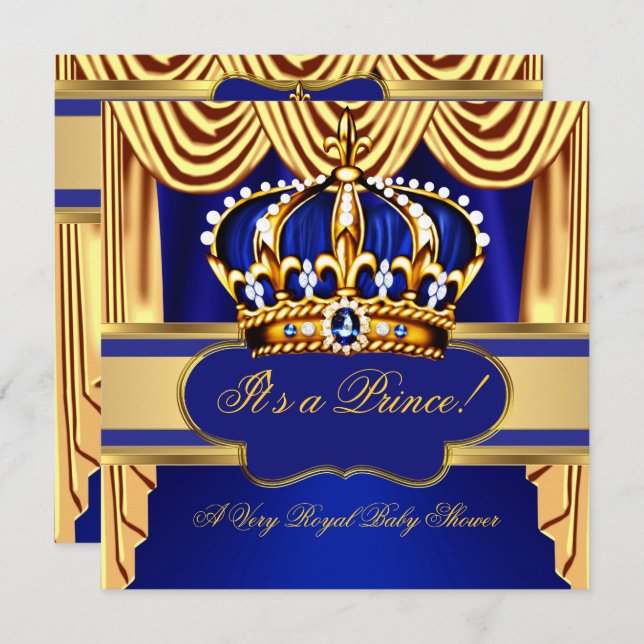 Invitation Royal Prince Baby shower Blue Gold Silk Drapes (Devant / Derrière)