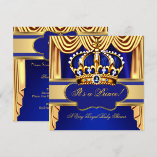 Invitation Royal Prince Baby shower Blue Gold Silk Drapes