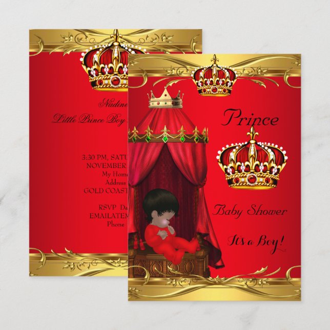 Invitation Royal Prince Baby shower Boy Regal Red Crown (Devant / Derrière)