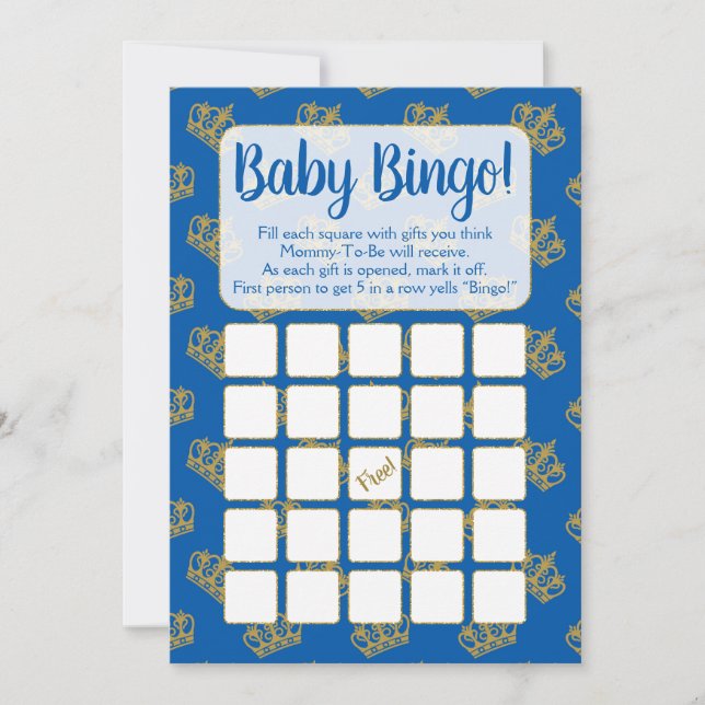 Invitation Royal Prince Bingo Baby shower Jeu bleu (Devant)