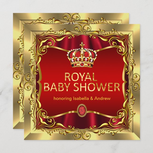 Invitation Royal Prince ou Princesse Baby shower Rouge Or (Devant / Derrière)