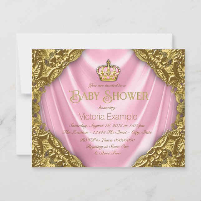 Invitation Royal Princess Baby shower Satin rose et or (Dos)