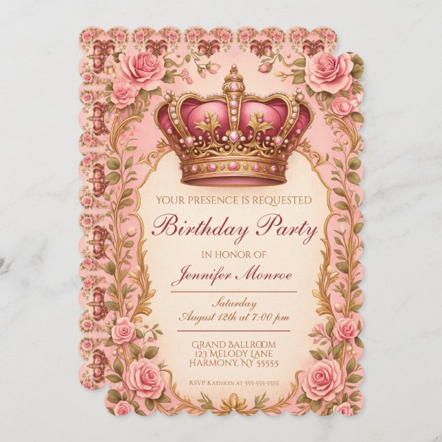 Invitation Royal Princess Birthday Party Crown Ornate (Devant / Derrière)