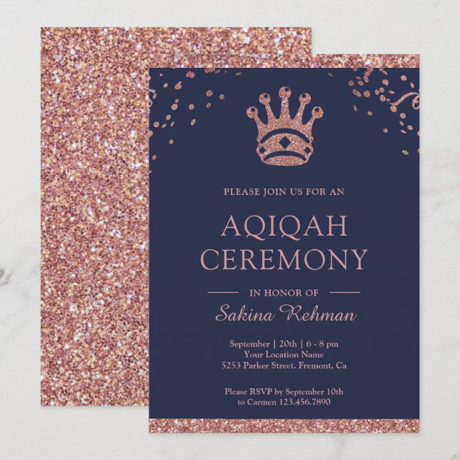 Invitation Royal Princess Rose Gold Parties scintillant Aqeeq (Devant / Derrière)