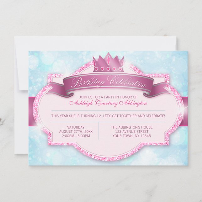 Invitation Royal Princess Rose Parties scintillant Girls Anni (Devant)