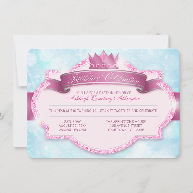 Invitation Royal Princess Rose Parties scintillant Girls Anni (Devant)