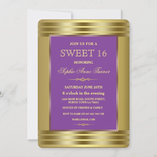 Invitation Royal Purple and Gold Birthday Party (Devant)