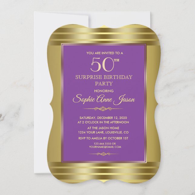 Invitation Royal Purple and Gold Birthday Party (Devant)
