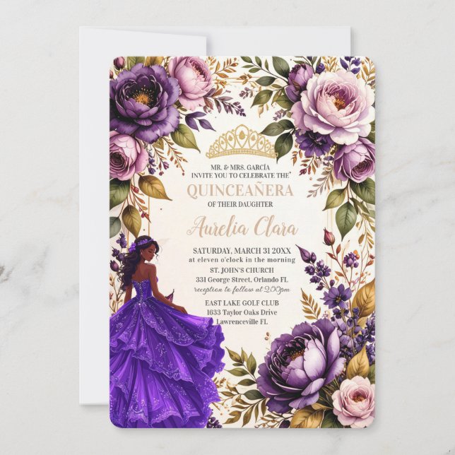Invitation Royal Purple Blush Floral Princess Quinceanera 16 (Devant)