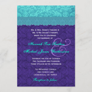 Invitation Royal Purple et Aqua Blue Mariage damassé G500A