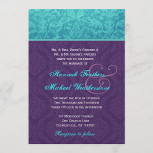 Invitation Royal Purple et Aqua Blue Mariage damassé Metallic