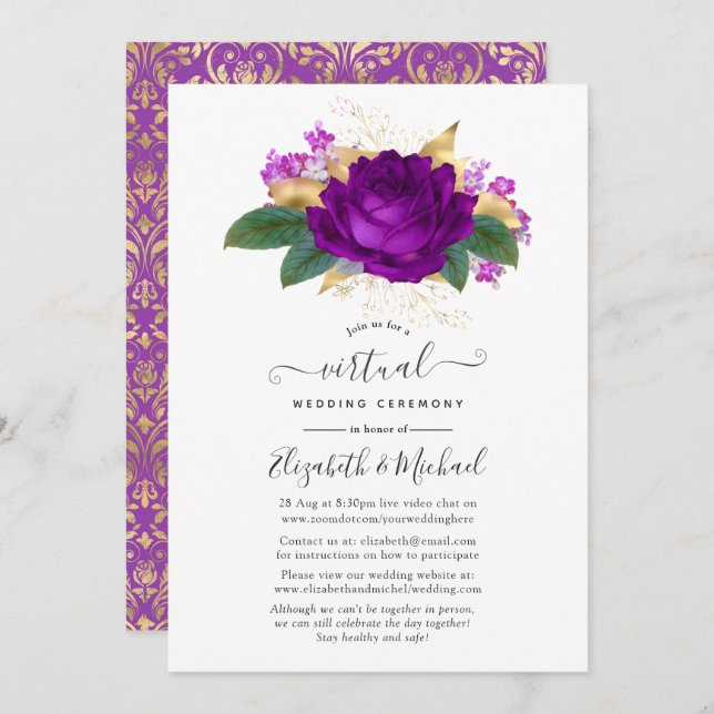 Invitation Royal Purple et Gold Floral Mariage virtuel (Devant / Derrière)