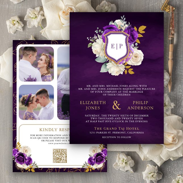 Invitation Royal Purple Floral QR Code Photo Crest Mariage (Créateur téléchargé)