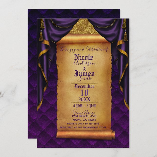 Invitation Royal Purple & Gold Draps Scroll (Devant / Derrière)