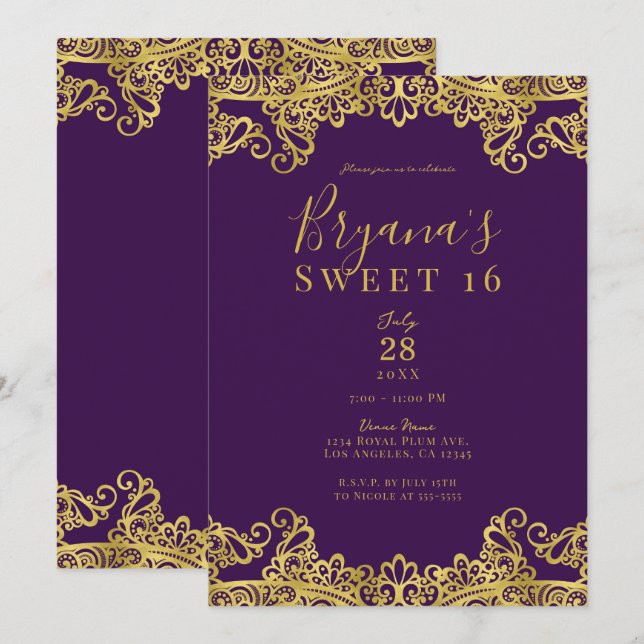 Invitation Royal Purple & Gold Lace Élégante Fête de 16 ans D (Devant / Derrière)