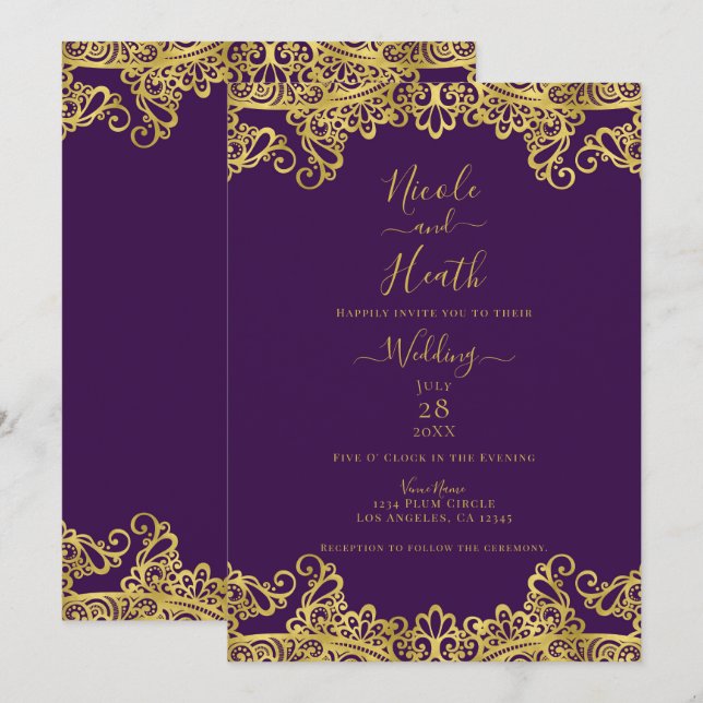 Invitation Royal Purple & Gold Lace Mariage élégant (Devant / Derrière)