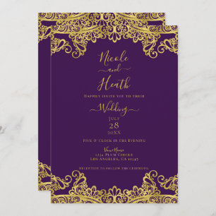 Invitation Royal Purple & Gold Lace Mariage élégant