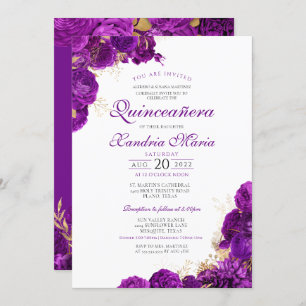 Invitation Royal Purple Gold Rose Floral Elegant Quinceanera