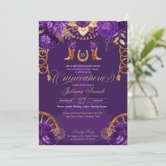 Invitation Royal Purple Gold Roses Charro Western Quinceanera (Debout devant)