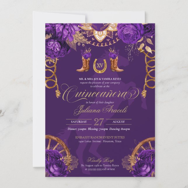 Invitation Royal Purple Gold Roses Élégant Charro Quinceanera (Devant)