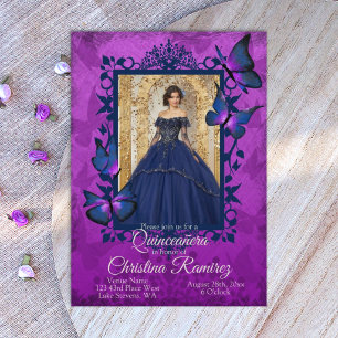 Invitation Royal Purple Papillon Sombre Quinceanera Bleu