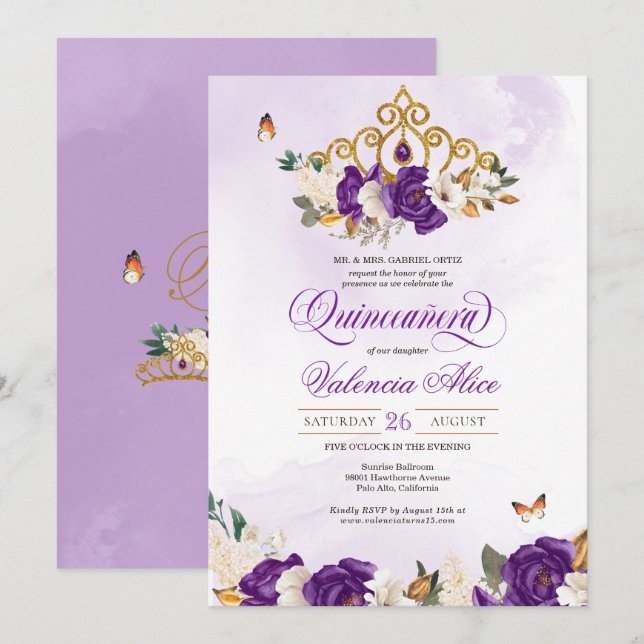 Invitation Royal Purple Rose Butterfly Princess Quinceanera (Devant / Derrière)