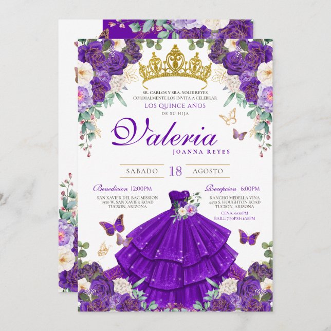 Invitation Royal Purple Rose Butterfly Princess Quinceanera (Devant / Derrière)