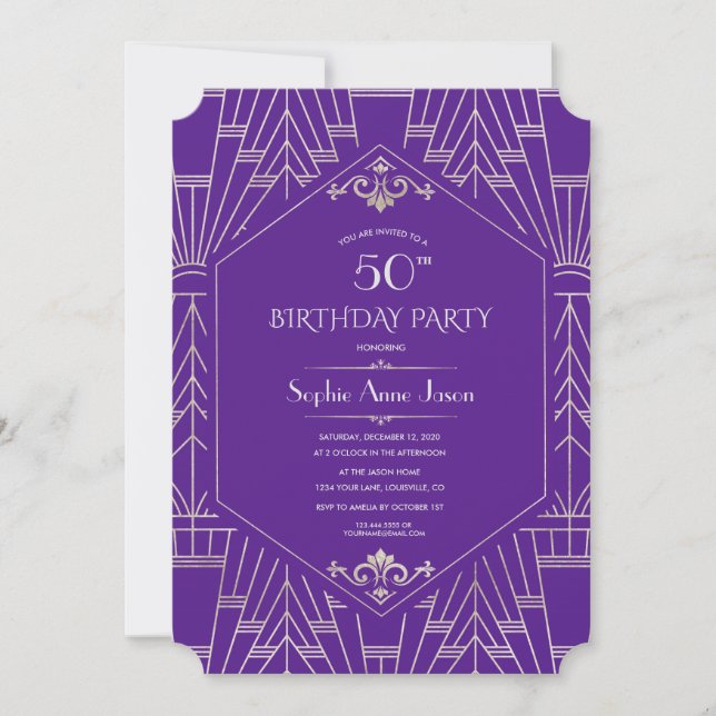 Invitation Royal Purple Silver Great Gatsby fête d'anniversai (Devant)