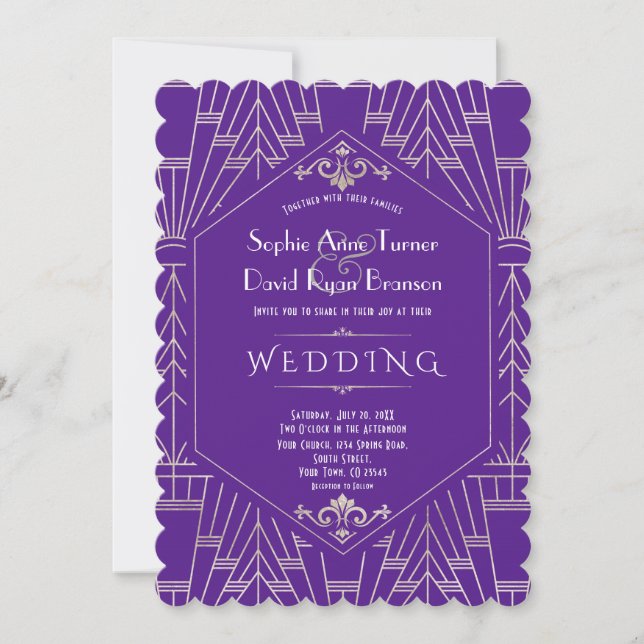 Invitation Royal Purple Silver Great Gatsby Mariage des année (Devant)