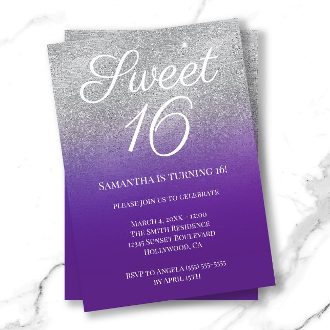 Invitation Royal Purple Silver Ombre Parties scintillant Swee (Royal Purple Silver Ombre Glitter Sweet 16 Invitation)