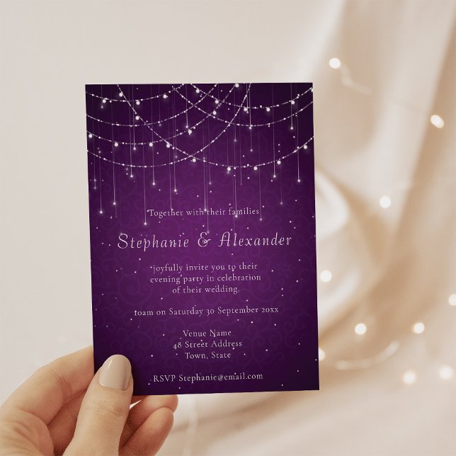 Invitation Royal Purple & String Lights Mariage de soirée (Créateur téléchargé)
