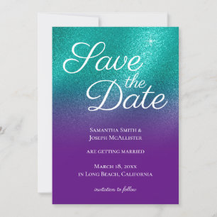 Invitation Royal Purple Teal Glitter Ombre Enregistrer la Dat