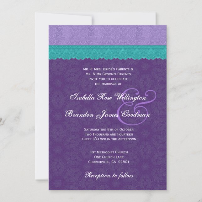 Invitation Royal Purple Turquoise Lace Mariage V10A (Devant)