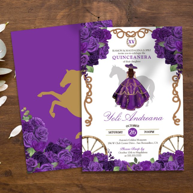Invitation Royal Purple Western Charro Floral Quinceanera (Créateur téléchargé)