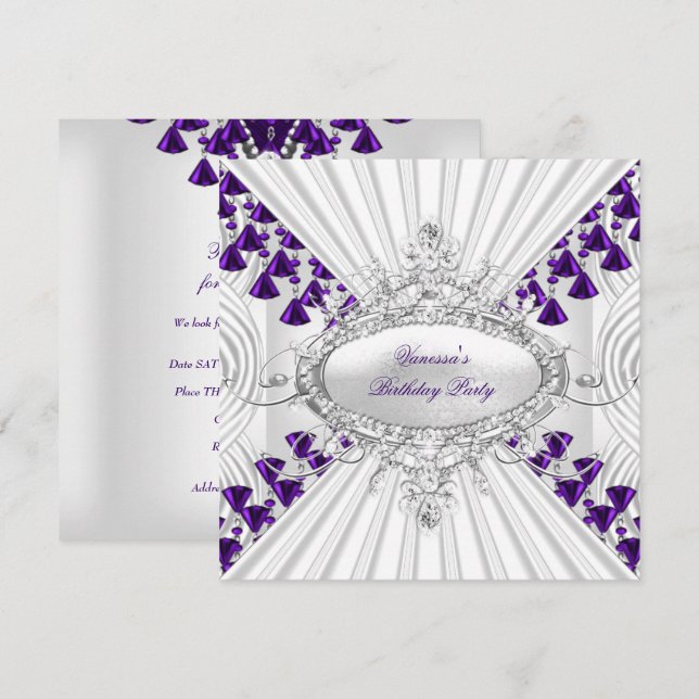 Invitation Royal Purple White Diamond perles fête d'anniversa (Devant / Derrière)