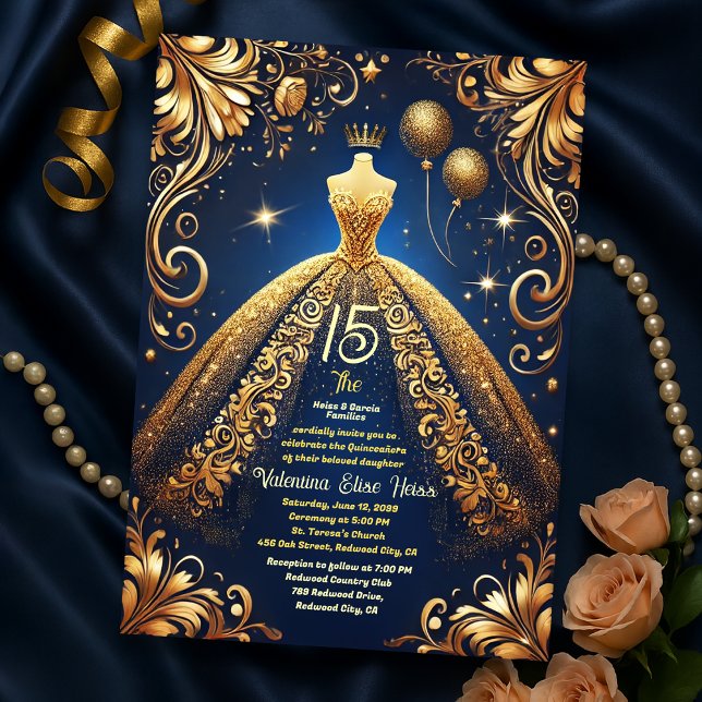 Invitation Royal Quinceañera Gold et Navy Princess Thème (Créateur téléchargé)