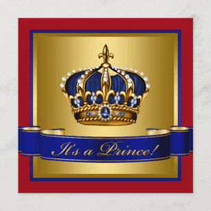 Invitation Royal Red Blue et Gold Crown Prince Baby shower