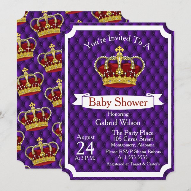 Invitation Royal Red Crown & Purple Regal Baby shower (Devant / Derrière)