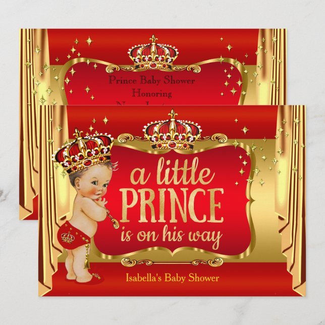 Invitation Royal Red Gold Boy Prince Baby shower Brunette (Devant / Derrière)