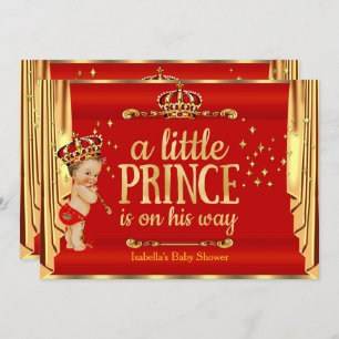 Invitation Royal Red Gold Drapes Prince Baby shower Brunette