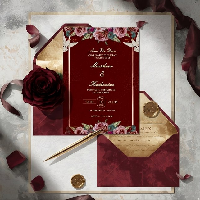 Invitation Royal Red & Gold Floral Dove Wedding Invite (Créateur téléchargé)