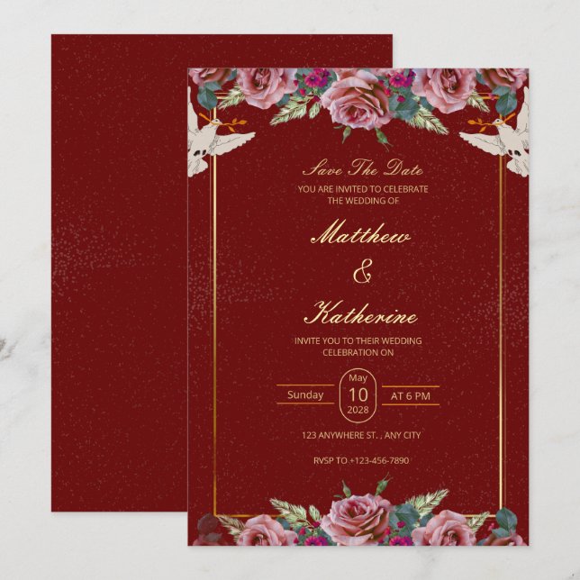 Invitation Royal Red & Gold Floral Dove Wedding Invite (Devant / Derrière)