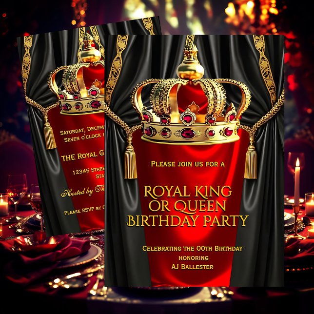 Invitation Royal Red Gold King Queen Crown Birthday Party (Créateur téléchargé)